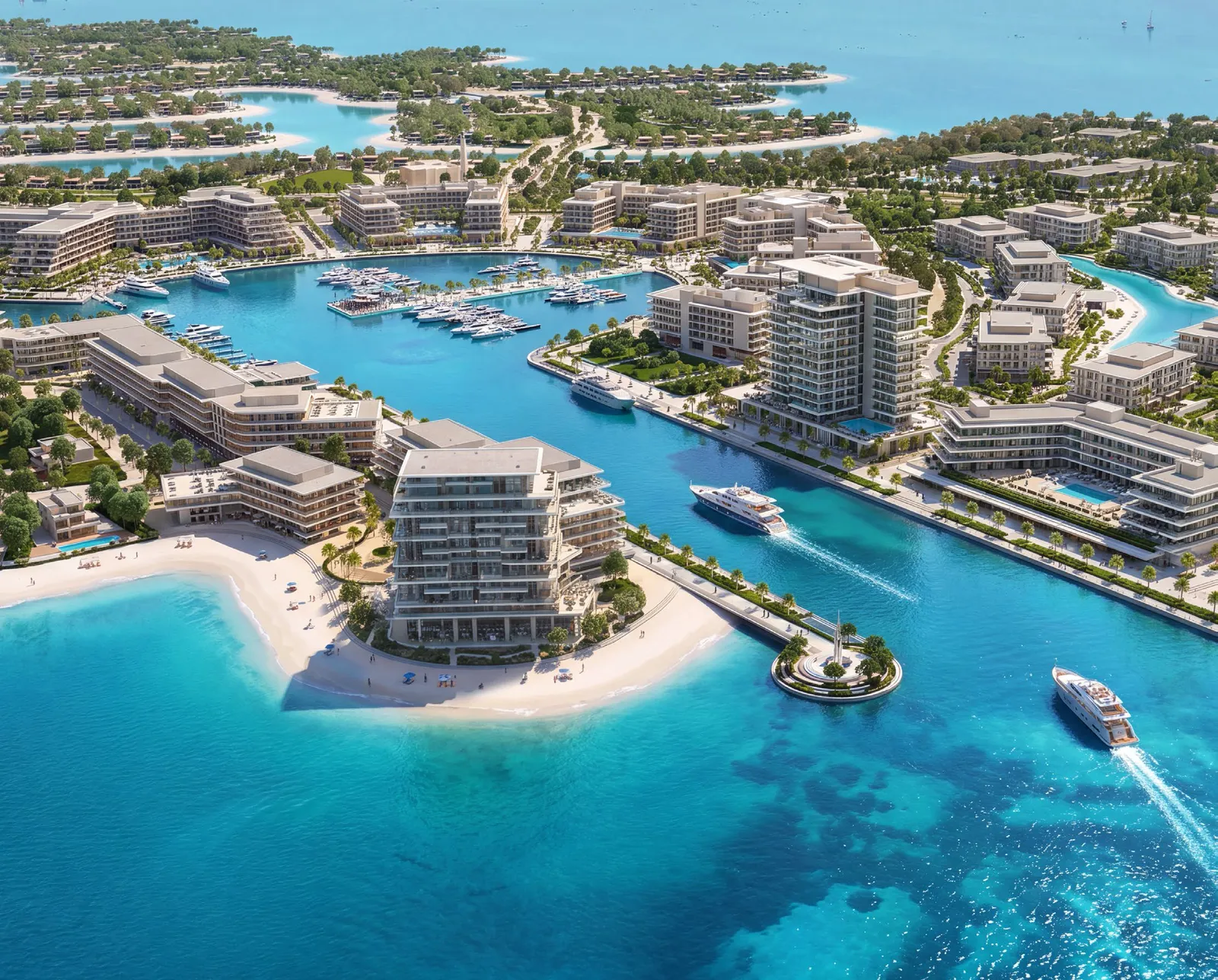 Ramhan Island's marina quarter from the air, with a beach and a yacht in the channel, developer render