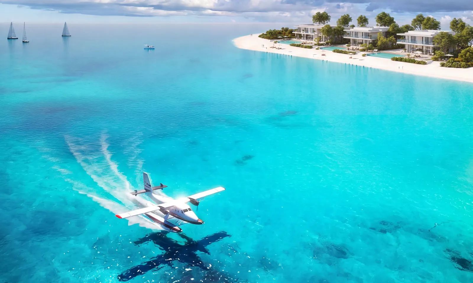 A seaplane landing on a turquoise lagoon beside a Ramhan islet, developer render