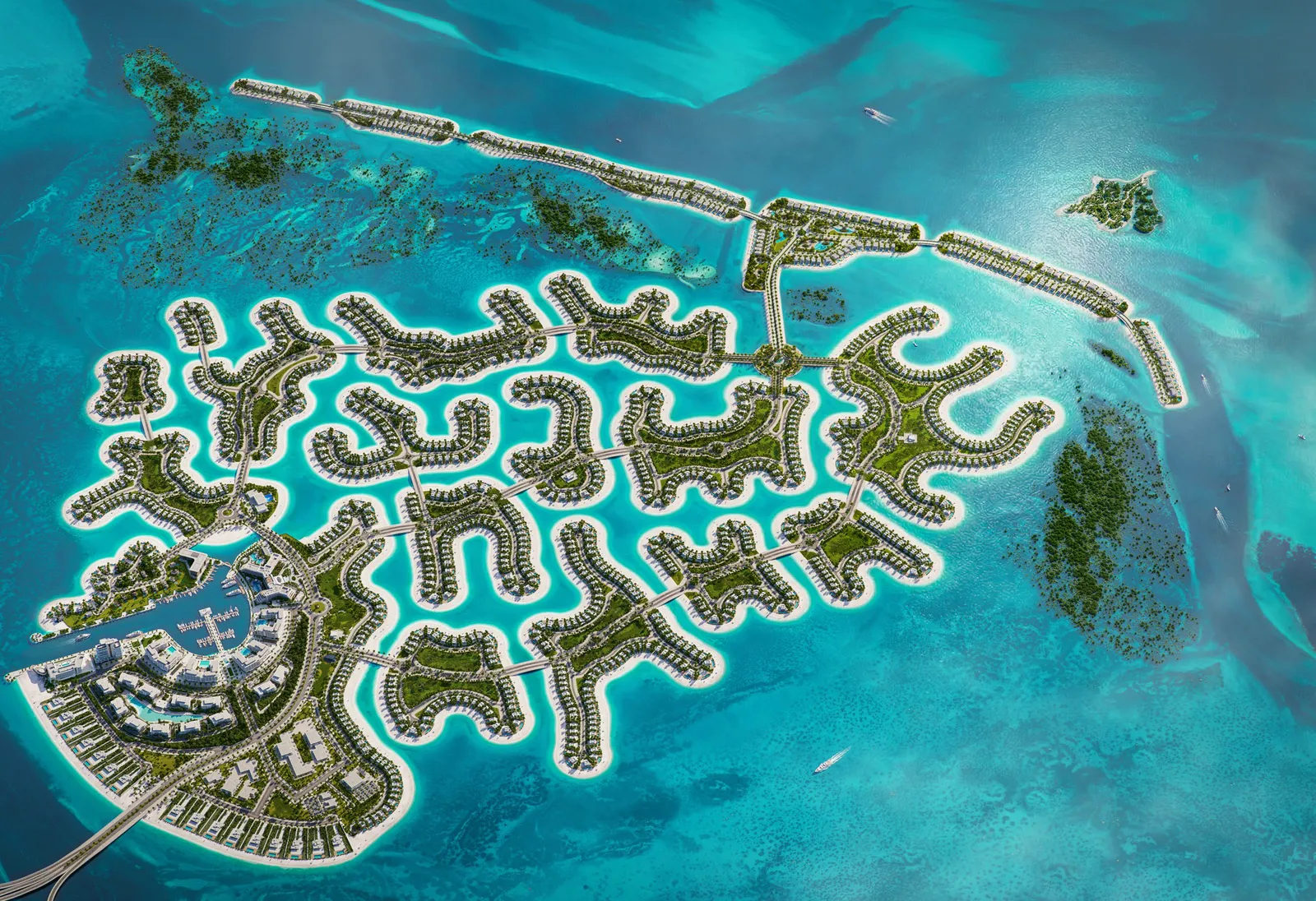 Eagle Hills' aerial masterplan of Ramhan Island: communities around lagoons, the marina quarter and the bridge, developer render