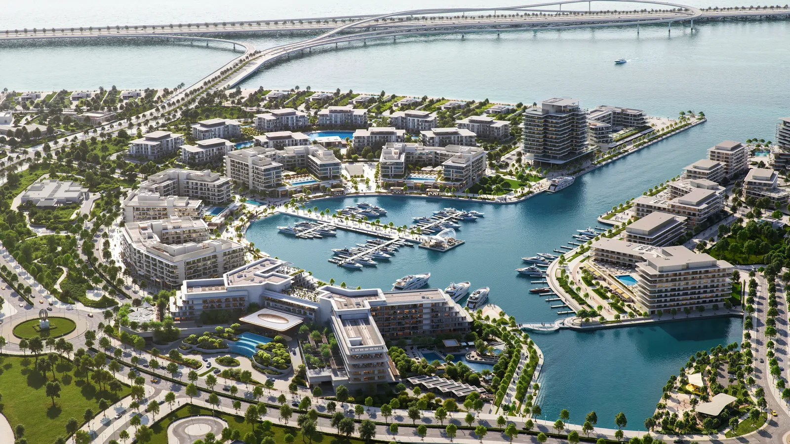 Ramhan Marina from the air, with The Bristol in the foreground and the bridge to the Abu Dhabi coast, developer render