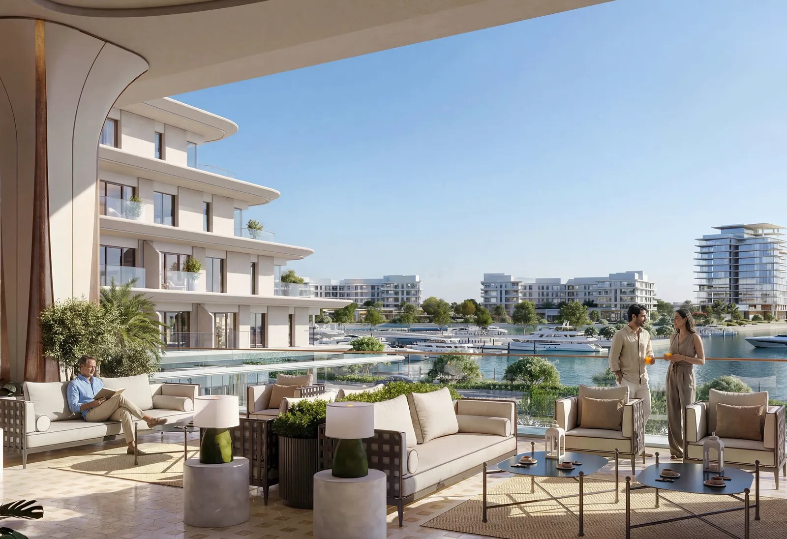 Residence terrace lounge at The Bristol overlooking Ramhan Marina, developer render