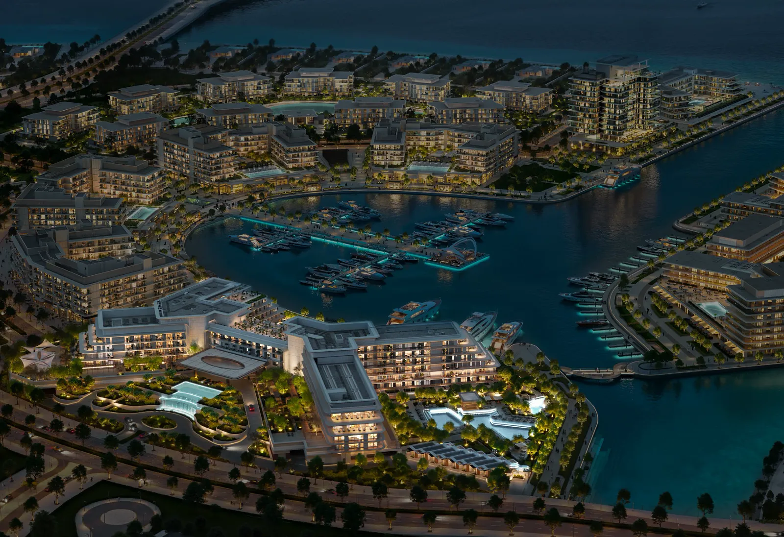 The Bristol and Ramhan Marina from the air at night, developer render